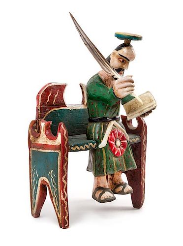 A Painted Wood Figure of a Japanese Scribe on a Large Chair Height 18 inches.