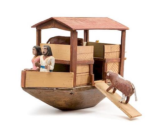 A Painted Wood "Ark" Sculpture Inscribed Ildefonso Quiroz Width 18 inches.