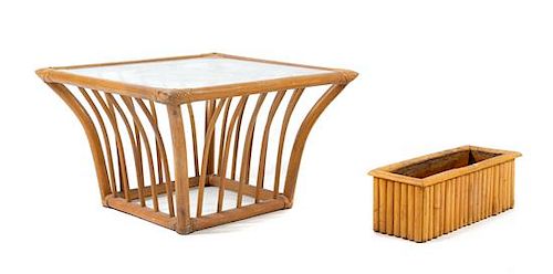 A Bamboo and Glass Side Table and a Similar Planter Box Height of table 16 1/2 inches.