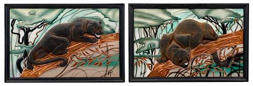 A Pair of Composition Panther Plaques Height overall 13 x width 20 inches.