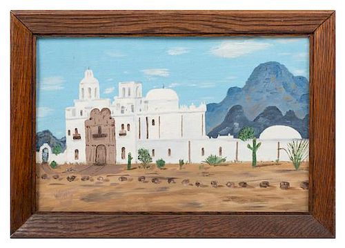 A Painting Depicting a Mission in Tucson, Arizona 8 1/2 x 14 inches.