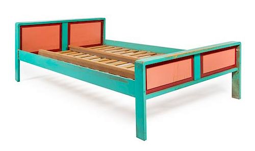 A Turquoise Painted Bed Width 50 1/2 inches.