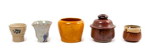 Five Ceramic Vessels with Decorative Glazes Height of tallest 6 inches.