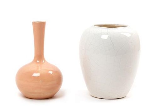 Two Glazed Ceramic Small Vases Height of first 5 3/4 inches.