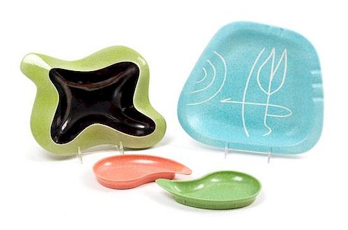 Two Molded Ceramic Ash Trays and Two Resin Dishes Width of first 9 inches.