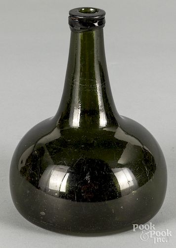 Blown olive glass squat bottle, ca. 1800, 7" h.