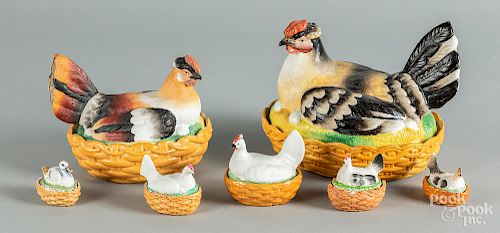 Six porcelain hen on nests, etc.