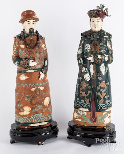 Pair of Chinese painted ivory veneer figures