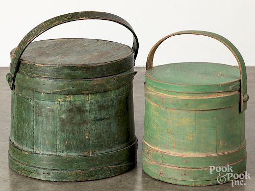 Two green painted firkins