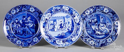 Three blue Staffordshire plates