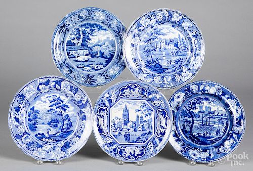 Five blue Staffordshire English scenery plates
