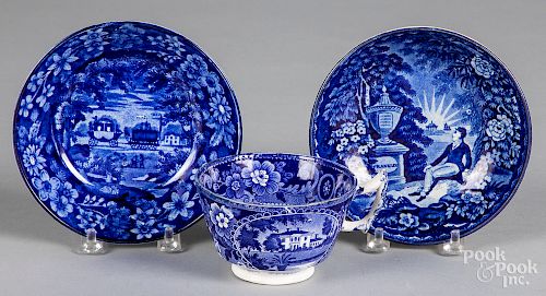 Two Historical blue Staffordshire saucers, etc.
