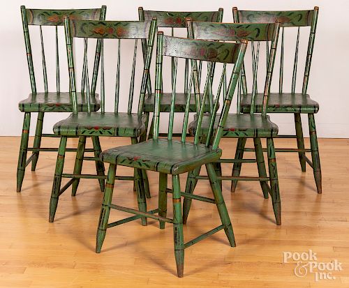 Six Pennsylvania painted plank seat chairs, etc.