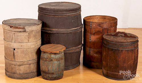 Five staved barrels, 19th/early 20th c.