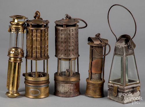Brass and tin lanterns, to include a lamp