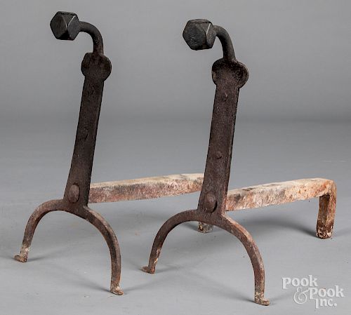 Pair wrought iron andirons 19th c., 17 1/2"h