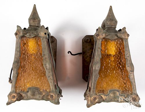 Pair of Arts and Crafts brass lights, 9 1/2" h.