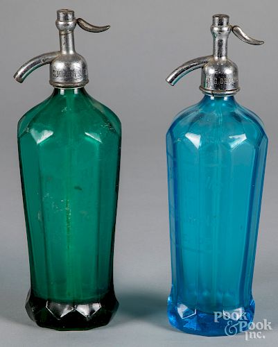 Two glass dispensing bottles, 12 1/4" h.