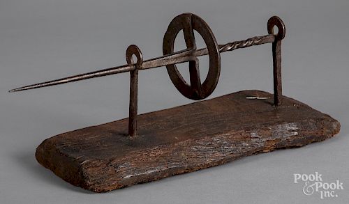 Wrought iron spit on wooden stand, 18th c., 19" l