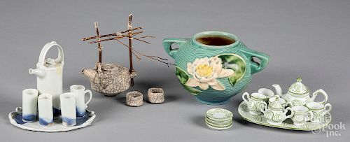 Three miniature pottery tea services, etc.