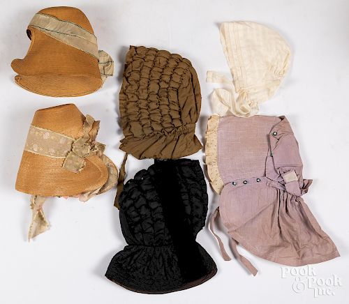 Six assorted antique bonnets.
