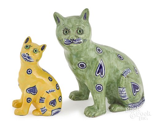 Two Emile Galle faience cats, 5 3/4" h. and 8" h.