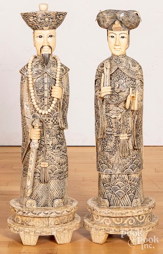 Pair of large Chinese ivory veneer figures, 33" h