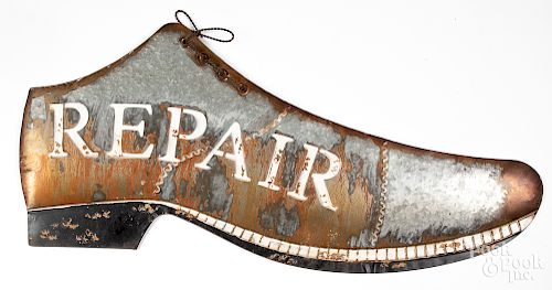 Painted zinc shoe repair trade sign, 17" x 39".
