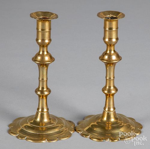 Pair of Queen Anne brass candlesticks, 18th c.