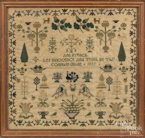 Silk on linen sampler, dated 1835