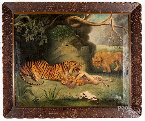Oil on canvas landscape with lion, tiger