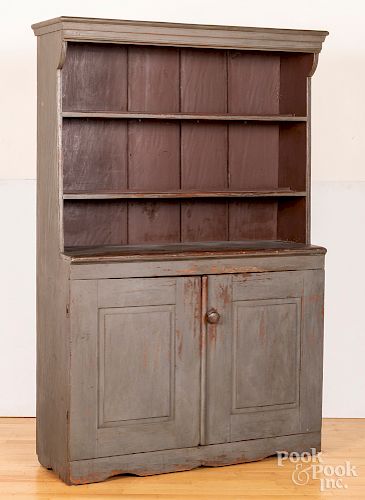 Painted pine stepback cupboard, 19th c.