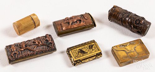 Six brass and copper match vesta safes