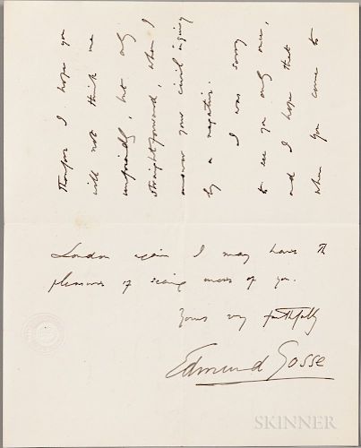 Gosse, Sir Edmund W. (1849-1928) Autograph Letter Signed, 8 August 1887.