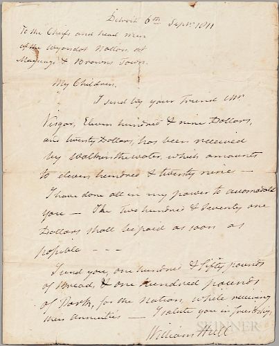 Hull, William (1753-1825) Autograph Letter Signed, Detroit, 6 September 1811.