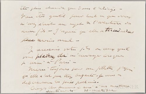 Matisse, Henri (1869-1954) Autograph Letter Signed, Vence, 19 April 1946.