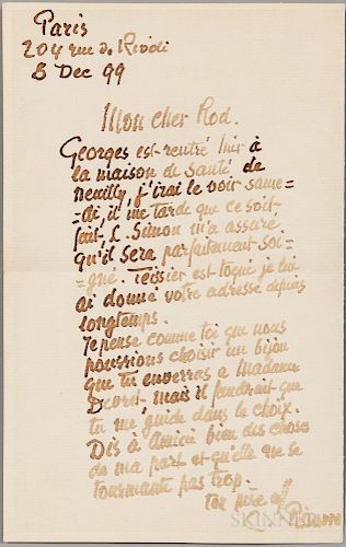 Pissarro, Camille (1830-1903) Autograph Letter Signed, Paris, 8 December 1899.