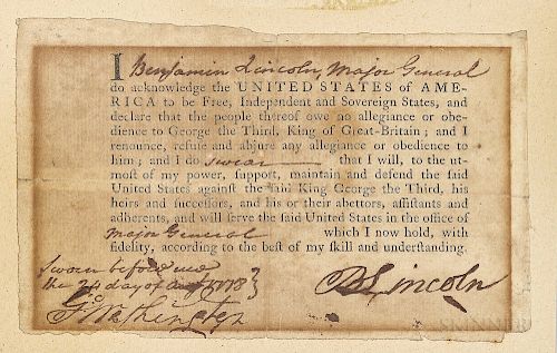 Washington, George (1732-1799) and Benjamin Lincoln (1733-1810) Signed Oath of Allegiance.