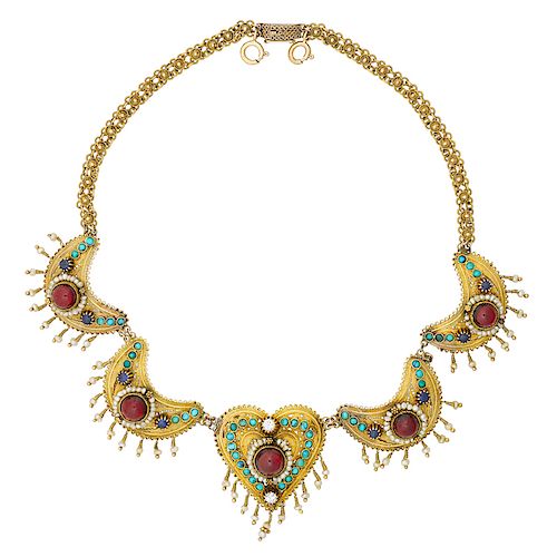 GEM-SET & CANNETILLED YELLOW GOLD NECKLACE