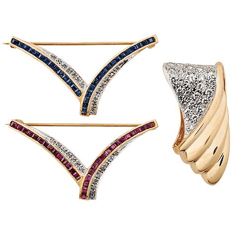 DIAMOND, SAPPHIRE OR RUBY YELLOW GOLD BROOCHES