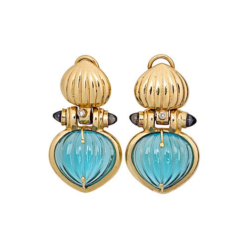 CARVED BLUE TOPAZ & YELLOW GOLD EARRINGS