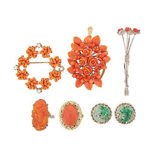 CARVED CORAL, JADE OR AGATE JEWELRY