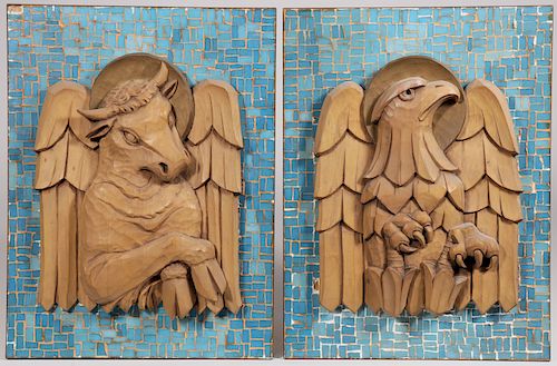 FOUR CARVED WOOD PLAQUES OF THE EVANGELISTS