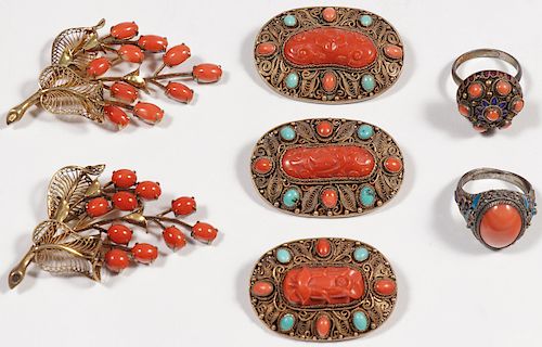 A GROUP OF CHINESE CORAL AND GILT SILVER JEWELRY