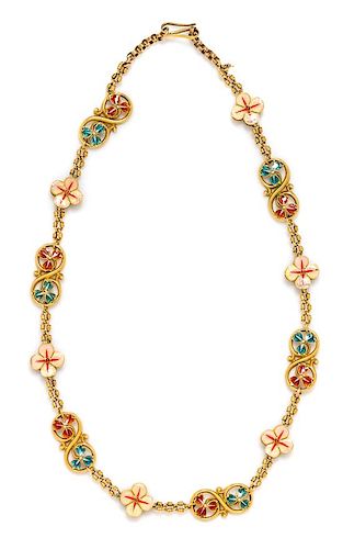 A Yellow Gold and Polychrome Enamel Flower Motif Necklace, 18.50 dwts.