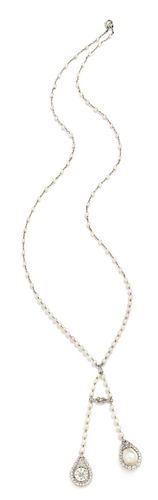 * An Antique Platinum, Diamond and Natural Pearl Negligee Necklace, 12.80 dwts.