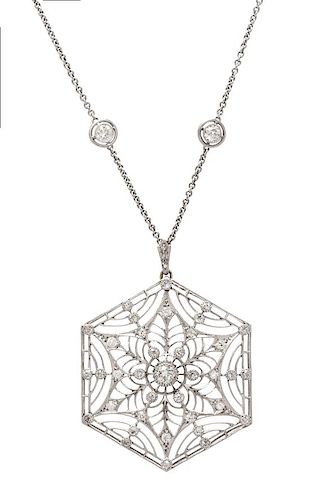 An Art Deco Platinum and Diamond Pendant Necklace, 12.90 dwts.