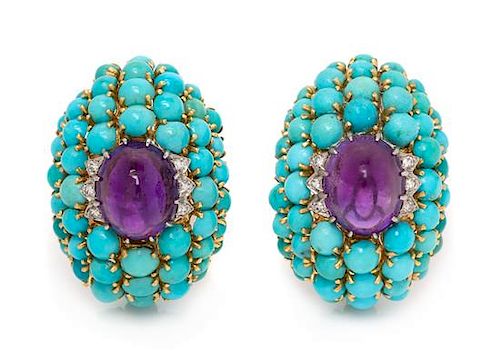 A Pair of Yellow Gold, Platinum, Amethyst, Turquoise and Diamond Earclips, 16.40 dwts.