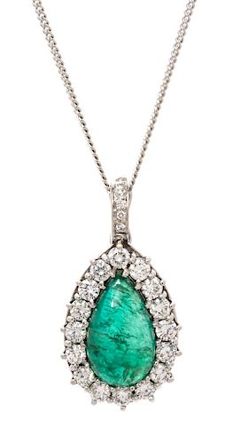 A White Gold, Emerald and Diamond Pendant/Necklace, 7.65 dwts.