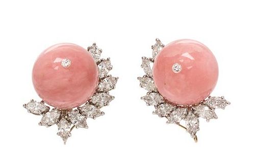A Pair of Platinum, Peruvian Pink Opal and Diamond Earclips, 20.00 dwts.